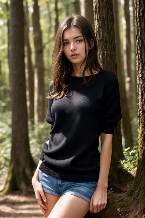 (bestquality,realistic:1.2),(brunette hair:1.1),(French:1.1),(sexy:1.1),(slim figure:1.1),(18 years old:1.1),(handcuffed:1.1),(black short sleeve sweater:1.1),(rolled-up sleeves:1.1),(hands up:1.1),(visible legs:1.1),(open mouth:1.1),illustration,forest,de...