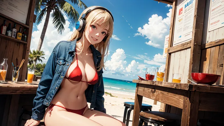 masterpiece、high resolution 8k、NSFW、sharp focus、contrast lighting、A cozy beach bar with a menu board, 1 girl, sitting on wooden stools,a red bikini top,blue denim jacket shorts,long blonde hair hair,smiling,headphone, a doorway leads to a sandy beach with ...