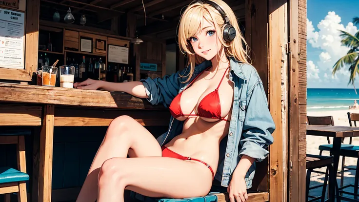 masterpiece、high resolution 8k、NSFW、sharp focus、contrast lighting、A cozy beach bar with a menu board, 1 girl, sitting on wooden stools,a red bikini top,blue denim jacket shorts,long blonde hair hair,smiling,headphone, a doorway leads to a sandy beach with ...