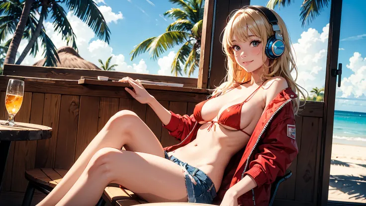 masterpiece、high resolution 8k、NSFW、sharp focus、contrast lighting、A cozy beach bar with a menu board, 1 girl, sitting on wooden stools,a red bikini top,blue denim jacket shorts,long blonde hair hair,smiling,headphone, a doorway leads to a sandy beach with ...