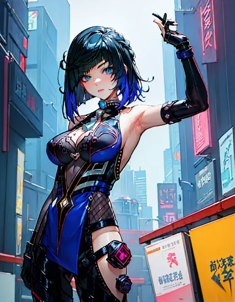 (masterpiece, best quality:1.4)anime girl in black latex posing on the street, cyberpunk anime girl, female cyberpunk anime girl, oppai cyberpunk, wearing latex, digital cyberpunk anime art, black shiny latex, visible armpits, seductive anime girl