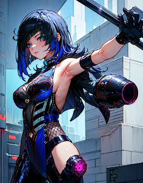 (masterpiece, best quality:1.4)anime girl in black latex posing on the street, cyberpunk anime girl, female cyberpunk anime girl, oppai cyberpunk, wearing latex, digital cyberpunk anime art, black shiny latex, visible armpits, seductive anime girl