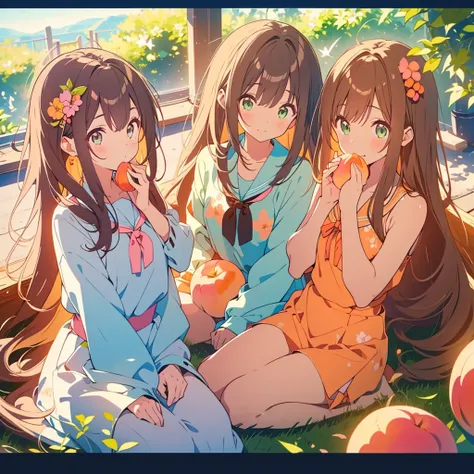 kawaii, anime, Cute, hyper quality, highly detailed, 8k, Clarity, dark brown long hair, green eyes, Eating a peach with my golden-eyed sister, two girls hugging each other, peek out ones face, soft air, whole body, Draw facial expressions in detail, bite a...