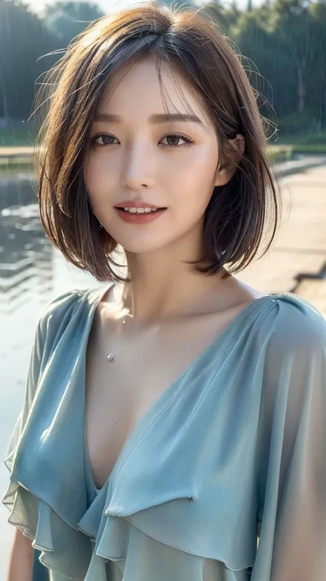 ((best quality, 8k, masterpiece:1.3)), Concentrate upon: 1.2, perfect body beauty: 1.4, hip: 1.2, ((layered haircuts, chest: 1.2)), (wet clothes: 1.1), (rain, distance:1.3), bandeau dress: 1.1, Highly detailed face and skin texture, good eyes, double eyeli...