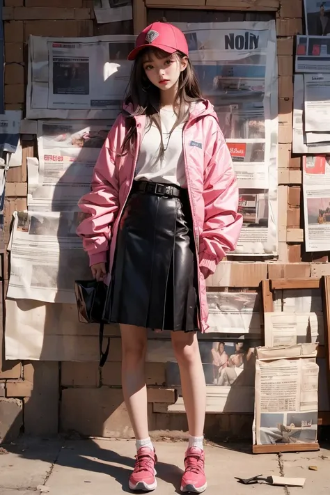 1 Girl,Long hair, pink, Baseball cap，Bangs, XXRALLY brand hooded jacket,Leather Skirt,Hiking shoes, Brown eyes,permanent, diaphragm,belt,morning_Light,newspaper, newspaper wall,((masterpiece, best quality, Very detailed, Good composition)),
