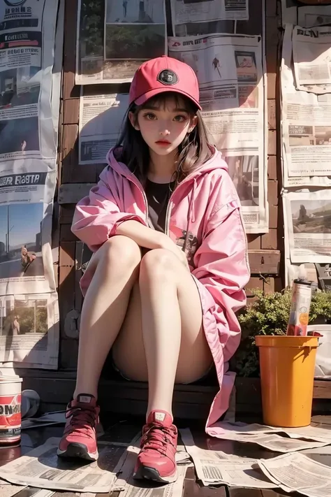 1 Girl,Long hair, pink, Baseball cap，Bangs, XXRALLY brand hooded jacket,Leather Skirt,Hiking shoes, Brown eyes,permanent, diaphragm,belt,morning_Light,newspaper, newspaper wall,((masterpiece, best quality, Very detailed, Good composition)),
