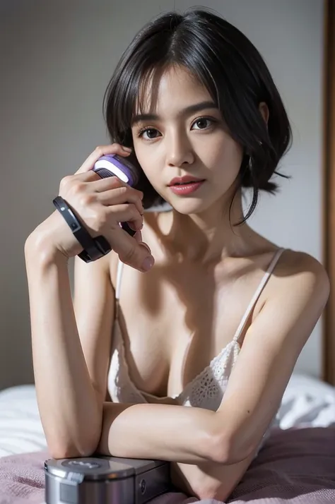 A woman taking a photo,barefoot,(One-handed electric massager) Full Body Shot, Freshly washed,
Expert, 8k, High resolution, masterpiece, Highest quality, head:: 1 girl, unison, Grayish-purple hair ((Photographing with Hasselblad)), Delicate skin, Clear foc...