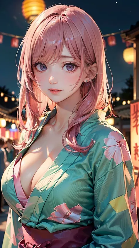 ((Highest quality, 8k, masterpiece :1.3)), (Sharp focus :1.2, Beautiful woman with perfect figure :1.4, Slim Abs), ((Big Breasts, Emphasize cleavage:1.2)), (Photorealistic:1.4), (realistic:1.4), (Pink Hair:1.5), Highly detailed face and skin texture, Fine ...