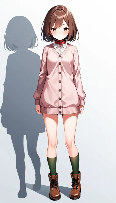 One girl, alone, blush, short_hair, 前hair, brown_hair, white_background, dress, brown_eye, Closed_mouth, Are standing, full_body, boots, Censored, Pussy, socks, bar_Censor, Bottomless, brown_footwear, half-Closed_eye, cardigan, pink_dress, With collar_dres...