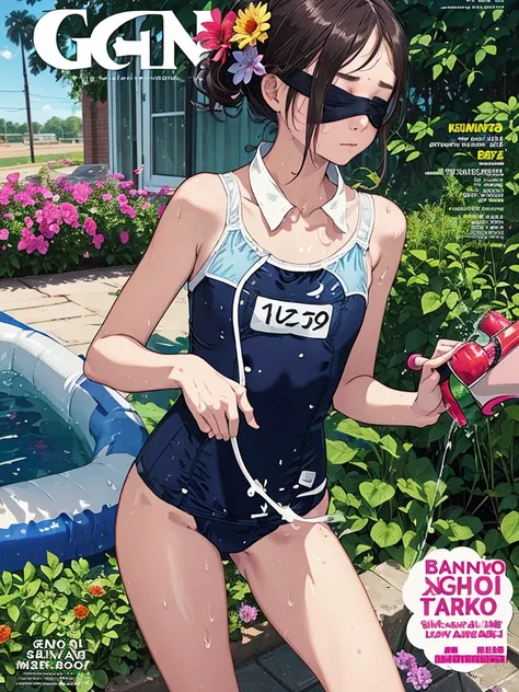 Magazine Cover,Legendary Flower,(School Swimsuit:1.5),collar, Blindfold,Watering the flower,Beep beep beep,Sweaty skin,garden,Gonzo Porn