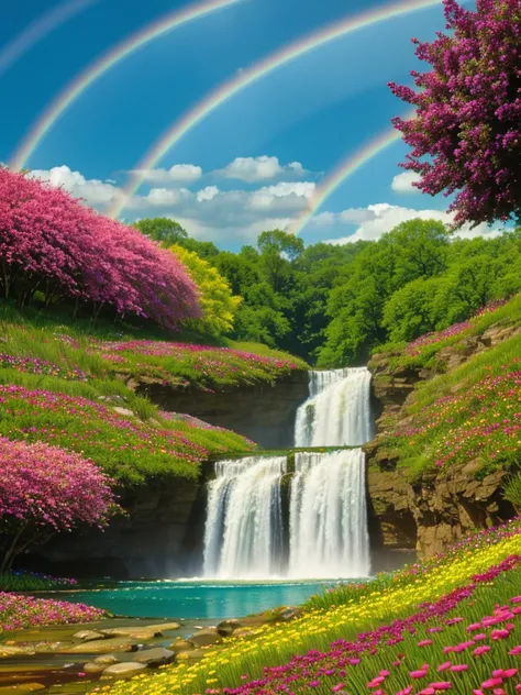 hill, Field of colorful flowers, clear sky, rainbow, waterfall, river, Multi-colored fish,