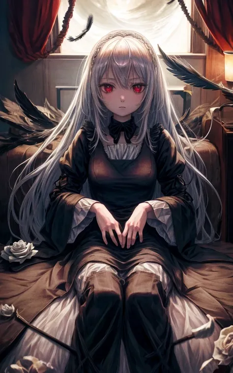 Write a scene featuring Suigintou from *Rose Maiden* sitting by the window. She has silver hair, black feathers, and wears a black dress. Her expression is emotionless, yet her eyes are strikingly beautiful. The room is dark, illuminated by moonlight strea...