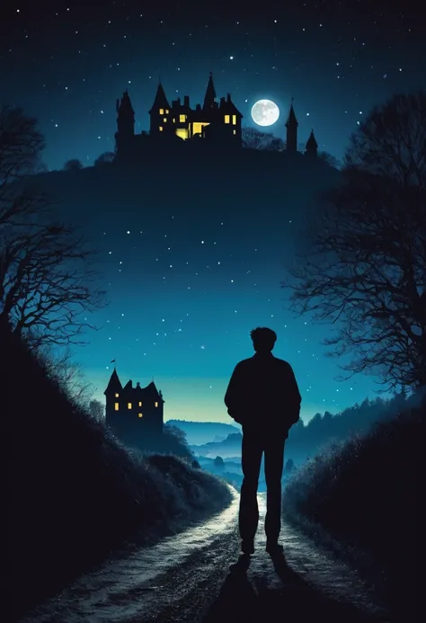 Affiche de film annee 90, une silhouette dun homme debout de dos  sur route la nuit , chaque côté des maison en vois, un chateau au loin sur un colline , pleine lune , néon, 
