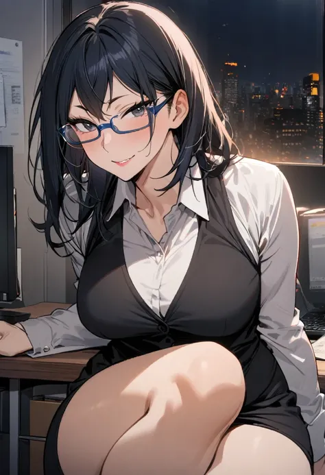 1girl, shimizu kiyoko, haikyuu!!, 35years old,make up,office lady,business suit,black blazer,longsleeve,white collared shirt,black tight skirt,glasses,office,sitting on the desk,crossing legs,resting elbow,seductive smile,night,masterpiece, best quality, a...