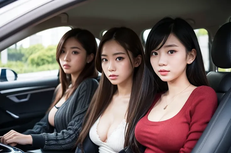 Indonesian girl 19-year-old Hairstyle fashion  Casual, F Cup Breasts wearing crewneck dress in car and driving the car with her friend