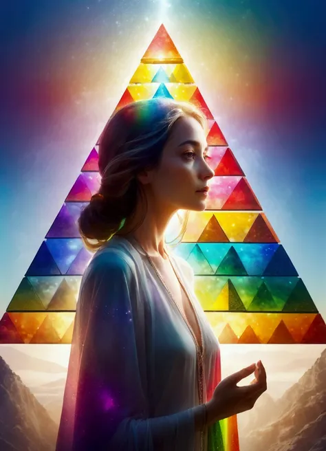 A mysterious woman, Beautiful and expressive, Light shining on a rainbow colored pyramid prism，Double exposure effect:1.3，Amazing depth，Geometric patterns，Bokeh，Perfect balance，Deep and thin border， (masterpiece), (best quality), (Super Detail), Abstract S...