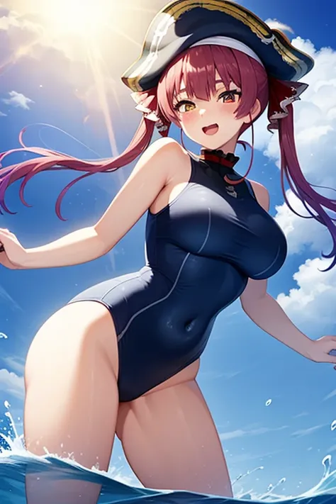 aamarine, twintails,Pirate ship sailing the sea　Wet school swimsuit　Sexy pose　Feels good