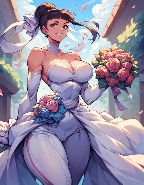 jury han (street fighter) , women, big breasts, small waist, big butt, wedding suit, wedding suit, wedding altar, holding a bouquet of flowers, alone, smiling, walked forward 