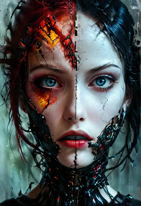 Hyperrealistic art imaginative dark gothic fantasy concept art,bleak,vibrant immersive womans face split in half,left side is pale skin brightly lit,right side is dark cybernetic, Hyperrealistic art cinematic film still photography in the style of detailed...