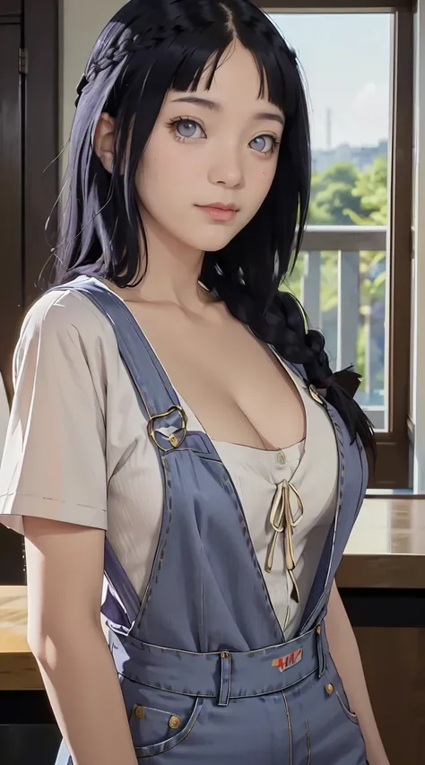 tmasterpiece， best qualityer， ultra - detailed， illustration，1girll，
long whitr hair，dark-blue hair，french braid，Purple eye，bluntbangs，cleavage，Large breasts
shirt，（jeans overalls：1.1），
mideum breasts， 
looking at viewert，hyouka/（Boruto/），Detailed lips