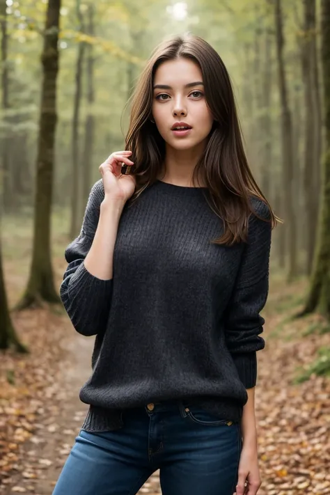 (bestquality,realistic:1.2),(brunette hair:1.1),(French:1.1),(sexy:1.1),(slim figure:1.1),(18 years old:1.1),(handcuffed:1.1),(black short sleeve sweater:1.1),(rolled-up sleeves:1.1),(hands up:1.1),(visible legs:1.1),(open mouth:1.1),illustration,forest,de...