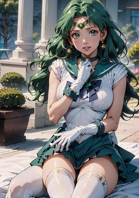 (La Highest quality,High resolution,Very detailed,Actual),Ariana Grande,One Girl, Sailor Neptune, (Sailor Warrior Uniforms:1.4), Dark green hair, Medium Hair, Supplicant Skirt, Earrings, (白いElbow hand pockets:1.4), gem, Center of chest, Dynamic Background,...