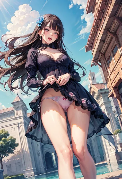 A beautiful girl wearing a navy blue dress posing for a photo, anime girl, in the park, Lolita style dress with ruffles and lace, (flower printed elegant dress skirt), low-cut chest, blue sky and white clouds, windy day, white stockings above the knee, (lo...