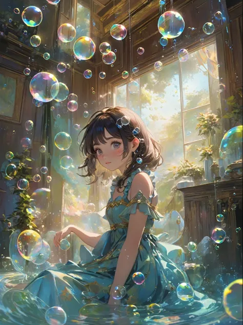 An anime girl in a blue dress、Sitting in a room with bubbles floating around, Anime fantasy illustration, Fantasy art style, artstation pixivでトレンド, Gweiz-style artwork, Beautiful artwork illustration, Anime fantasy artwork, A close-up fantasy using the mag...