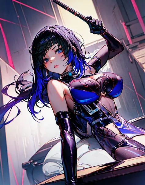 (masterpiece, best quality:1.4)anime girl in black latex posing on the street, female cyberpunk anime girl, oppai cyberpunk, wearing latex, digital cyberpunk anime art, black shiny latex, visible armpits, seductive anime girl