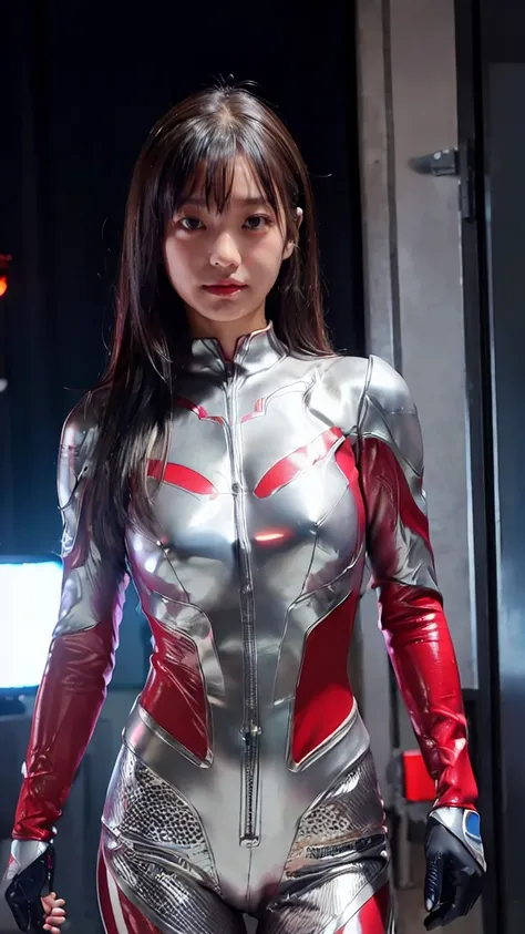 Ultraman、realistic、realistic、cinematic lighting, Girl in a shiny red and silver suit、15 years old、professional photos、Don&#39;Do not expose your skin, japanese model, japanese cgi、Ultraman Suit、, Power Rangers Suit、tight and thin cyber suit,Whole body rubb...