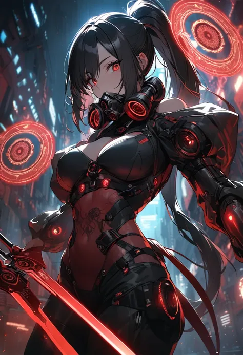 A woman,matured, perfect anatomy, cyberpunk gas mask,long pony tail hair(black hair),red aura,red magic circle,long demon blade with eyes on it, cinematic lighting, cinematic angle,