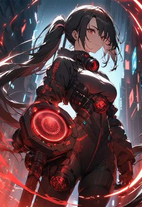 a woman,matured, perfect anatomy, cyberpunk gas mask,long pony tail hair(black hair),red aura,red magic circle,long demon blade ...