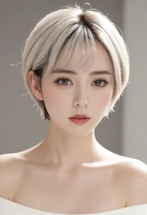 ((best quality, 8k, masterpiece: 1.3)), Concentrate upon: 1.2, perfect body beauty: 1.4, hip: 1.2, ((Layered short hair, white male: 1.2)), (white background:1.3), bandeau dress: 1.1, Highly detailed face and skin texture, good eyes, double eyelid, White s...