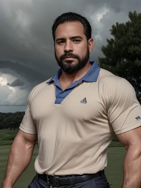 Masterpiece, Best Quality, High resolution, close-up portrait, (1 chico:1.4) A man in golf clothing, muscular, (with shirt: 1.2) male focus, focus alone, tanned skin, 38-year-old man in golf course., muscular, strong, furry, masculine, (shirtless: 1.2), in...