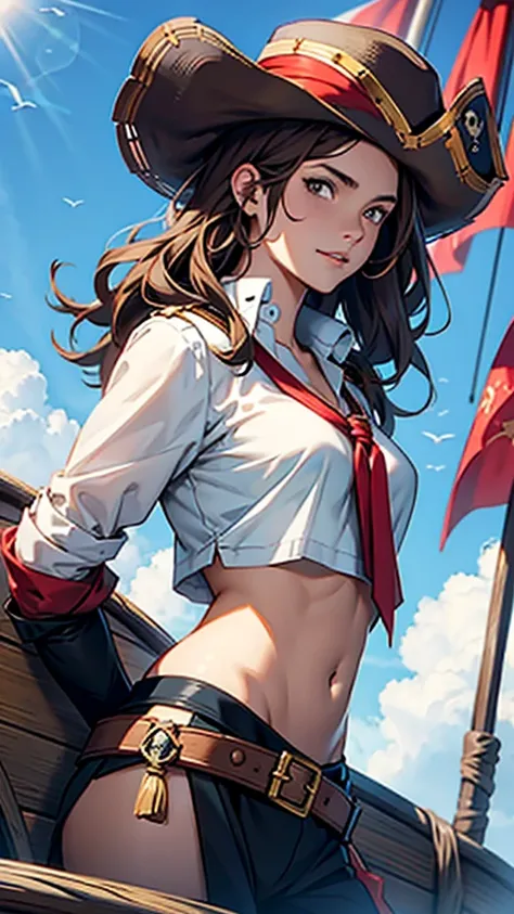 1 female, medium length brown hair, hazel eyes, wearing pirate outfit, at the helm of a pirate ship, wearing straw hat with red band