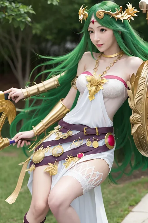 Erotic、Palutena Palutena / Hikari Shinwa Palutena no Kagami (Kid Icarus)masterpiece, Highest quality, High resolution, hmpa1, pink, Parted bangs, tiara, Big Tits, necklace, Exposing shoulders, Strapless Dress, Arm guard, belt, White Dress, White knee socks...