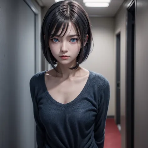 Anime girl walking down hallway in gray  and red tie with blue eyes,short neck-length hair of dark blue color with brown roots covering the right eye with the hair,with bald cheek mark and blue shine 