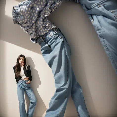 Woman holding a stack of clothes in front of the wall, baggy jeans, picture, jeans, denim, wearing Pants, patterned clothes, Pants, Breeches, jean Pants, jeans Pants, Pointed pose, Waist Shot, Models posing, Waist-high, graphic printing, baggy Pants, Photo...