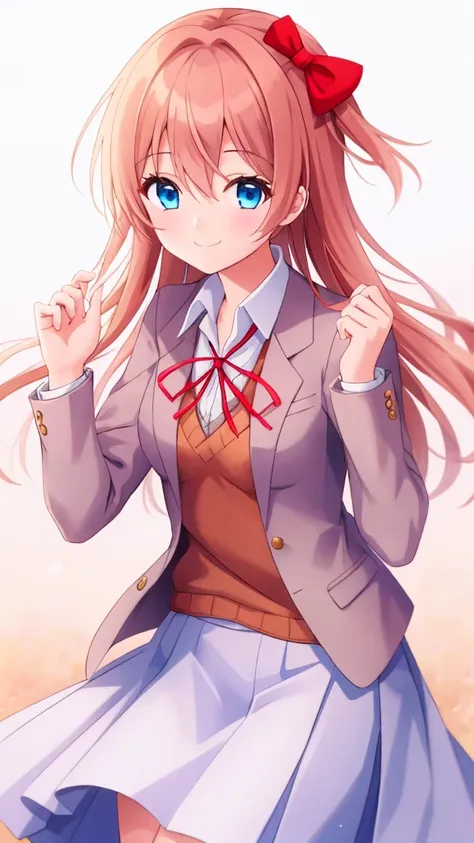 one girl, sayori, dlc, school blazer, hair ribbon, close to girls, too kind, blue eyes, she is always smiling, whole body