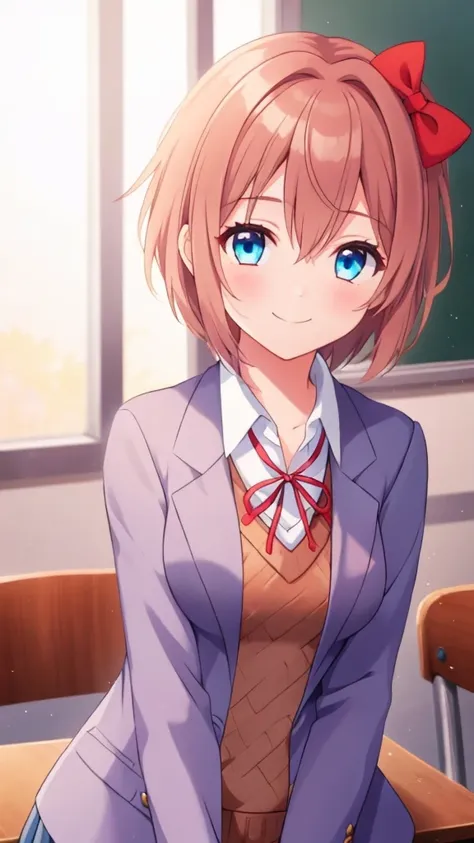 one girl, sayori, dlc, school blazer, hair ribbon, close to girls, too kind, blue eyes, she is always smiling, whole body