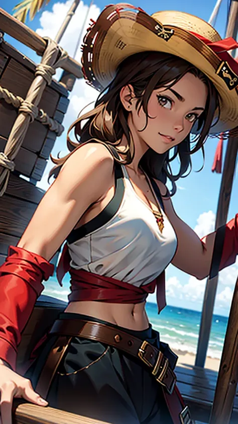 1 female, medium length brown hair, hazel eyes, wearing pirate outfit, at the helm of a pirate ship, wearing straw hat with red band, wearing straw hat