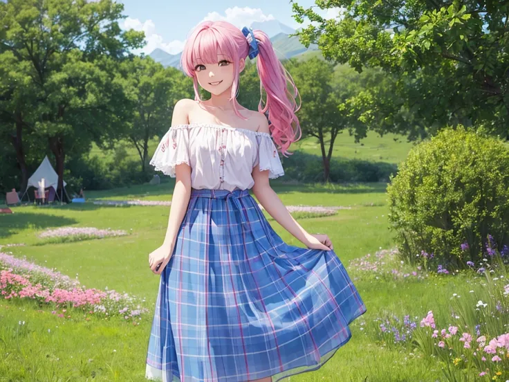 Full Body Shot、Oil、masterpiece、Highest quality、High resolution、Pink Hair、Side ponytail hair、Chiffon skirt、Long skirt、camp、grassland、tent、blue sky、Off-the-shoulder shirt、Checkered clothing、university student、smile、Cowboy Shot