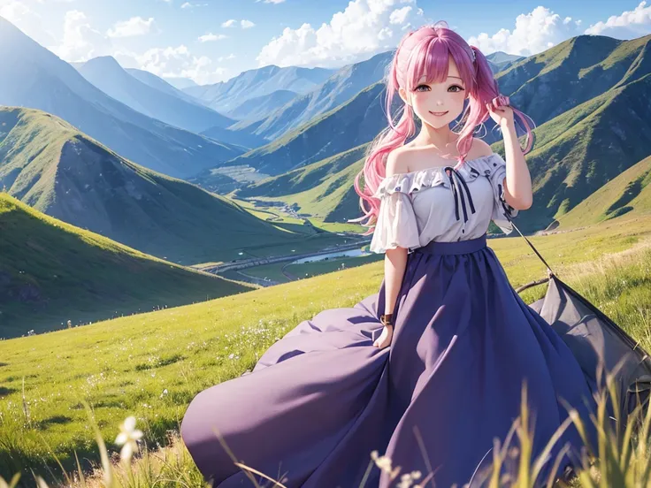 Full Body Shot、Oil、masterpiece、Highest quality、High resolution、Pink Hair、Side ponytail hair、Chiffon skirt、Long skirt、camp、grassland、tent、blue sky、Off-the-shoulder shirt、Checkered clothing、university student、smile、Cowboy Shot