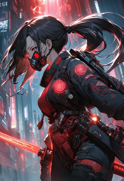 A woman,matured, perfect anatomy, cyberpunk gas mask,long pony tail hair(black hair),red aura,red magic circle,long samurai sword, cinematic lighting, cinematic angle,