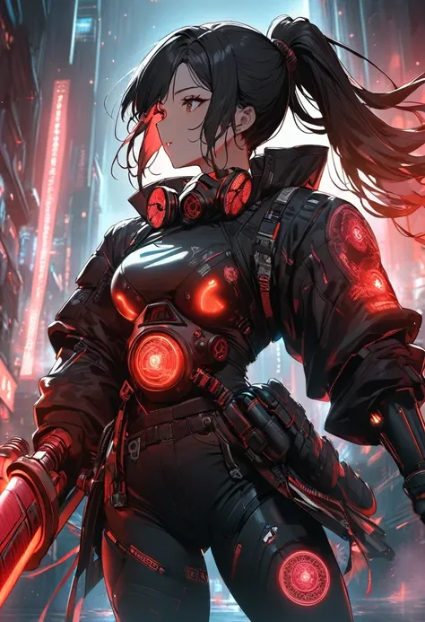 a woman,matured, perfect anatomy, cyberpunk gas mask,long pony tail hair(black hair),red aura,red magic circle,long samurai swor...