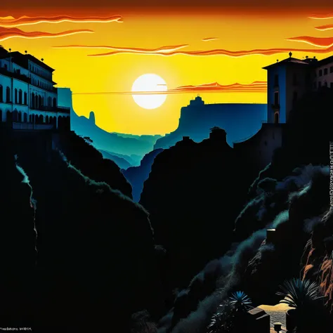 Huge canyon as a backdrop, Rio Rushing, Chinese retro architecture, rot, gold, orange color, blackw, Various color palettes, Transition Palette, The luminous oil painting style combines the traditional oil painting style, sunset, night sky, Surrealism, by ...