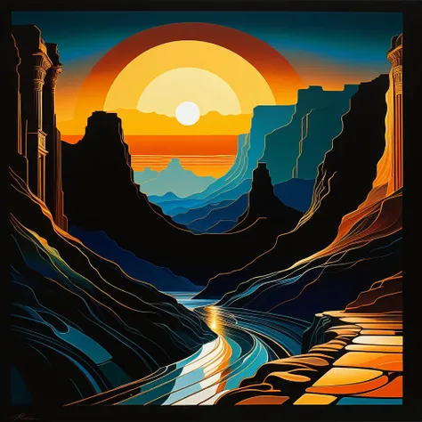 Huge canyon as a backdrop, Rio Rushing, Chinese retro architecture, rot, gold, orange color, blackw, Various color palettes, Transition Palette, The luminous oil painting style combines the traditional oil painting style, sunset, night sky, Surrealism, by ...