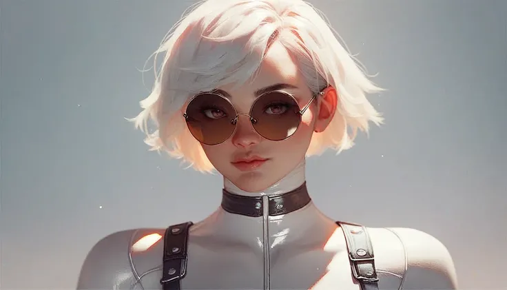 score_9, score_8_up, score_7_up,score_6_up, score_5_up,1girl, looking at the viewer,round sunglasses, white short hair, leather bodysuit,