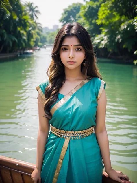 (((desi girl))), chubby face, natural skin, wearing traditional Indian saaree, charming black hair,  ((hair ends are blonde)), on a boat on a river, bokeh , teenager, 18 year old , indian , long hair like water waves , slim and fit , Wearing blue saaree