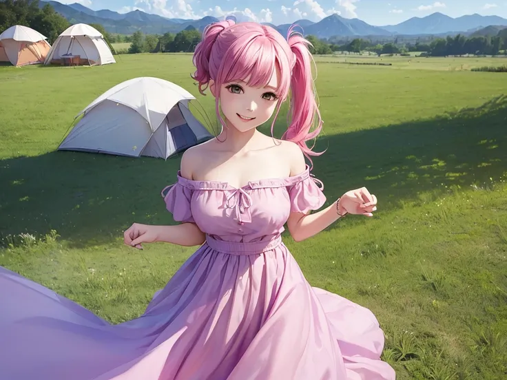 ((masterpiece、Highest quality、High resolution))、Pink Hair、Side ponytail hair、Chiffon skirt、Long skirt、camp、grassland、tent、blue sky、Off-the-shoulder shirt、Checkered clothing、university student、smile、Cowboy Shot